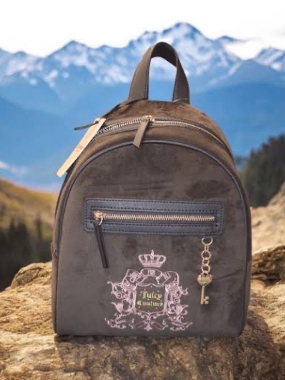 Juicy Couture Velour Mini Backpack Chocolate Brown Gothic Crest Key Charm NWT